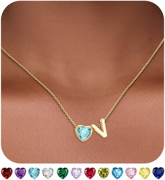 Heart Birthstone Initial Necklace for Women Girls,14K Gold Plated Heart Letter A-Z Necklace Dainty Birthday Trendy Jewelry Gifts for Women Girls Daughter