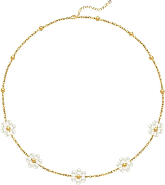 OGD Gold Pearl Necklaces Set for Women 14K Gold Plated Dainty Layered Pearl Cute Daisy Pearl Choker Gold Necklace Gifts for Women Gold Trendy Jewelry Gifts