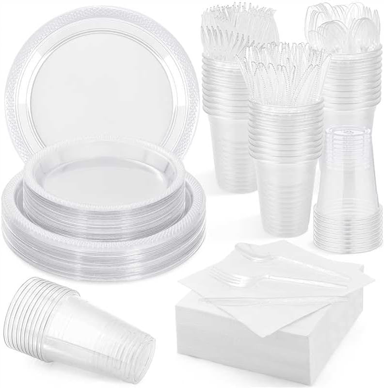 Aodaer 400 Pieces Clear Party Supplies Disposable Dinnerware Set Include Plastic Plates Cups Knives Forks Spoons Paper Napkins for Birthday Wedding Graduation Parties, Serve 50 Guests