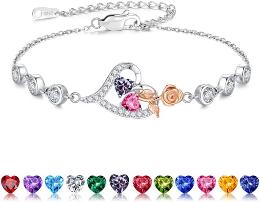 Iefil Christmas Gifts for Women - Birthstone Bracelet for Women, 925 Sterling Silver Rose Heart Charm Bracelets, Anniversary Birthday Gifts for Women Wife Mom Daughter, 6"+2"