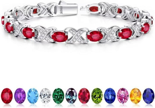 Iefil Oval Birthstone Bracelets for Women, Sterling Silver Tennis Bracelets Unique X O Design Fine Jewelry Christmas Gifts Anniversary Birthday Gifts for Her Birthstone Jewelry for Wife Mom Grandma