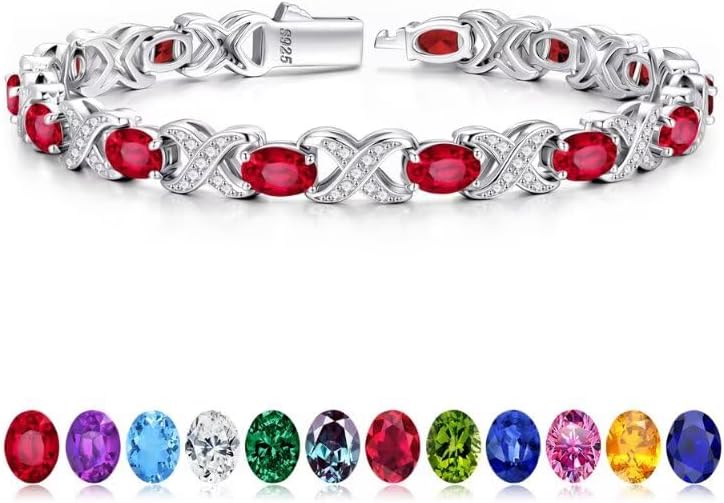 Iefil Oval Birthstone Bracelets for Women, Sterling Silver Tennis Bracelets Unique X O Design Fine Jewelry Christmas Gifts Anniversary Birthday Gifts for Her Birthstone Jewelry for Wife Mom Grandma