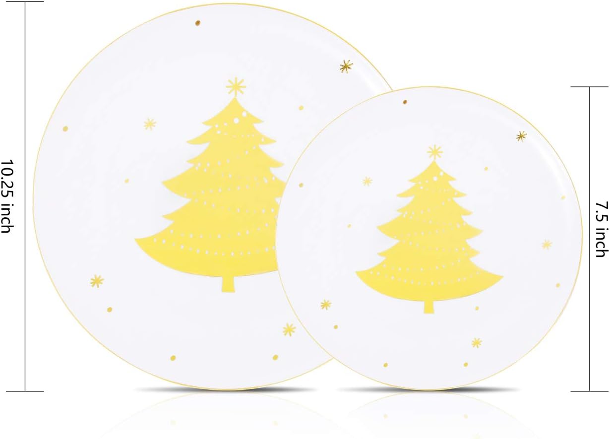 WDF 50Pieces Gold Plastic Plates-Christmas Tree Plastic Plates-Heavyweight White and Gold Disposable Plates for Christmas