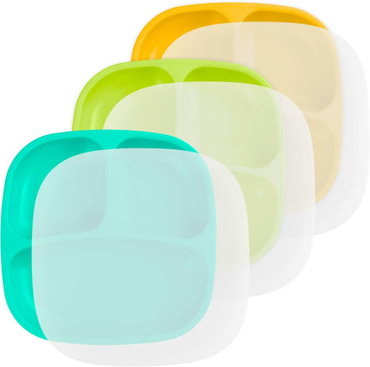 Re-Play Toddler Plates with Dividers - Deep-Walled 3 Compartments Divided Plates for Kids with 3 Lids - Dishwasher & Microwave Safe - Made in USA - Set of 3-7.37" x 7.37" x 1.25" - Aqua Asst
