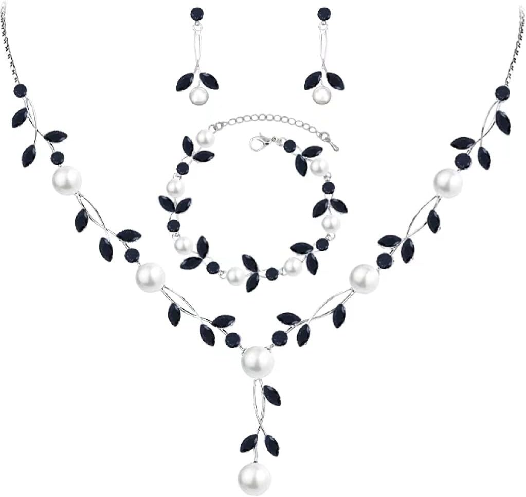 Luxury Cubic Zirconia Aurtrian Crystal Pearl Floral Necklace Dangle Earrings Wedding Bridal Jewelry Set Birthday Gifts for Her