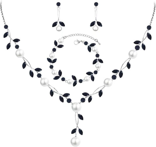 Luxury Cubic Zirconia Aurtrian Crystal Pearl Floral Necklace Dangle Earrings Wedding Bridal Jewelry Set Birthday Gifts for Her