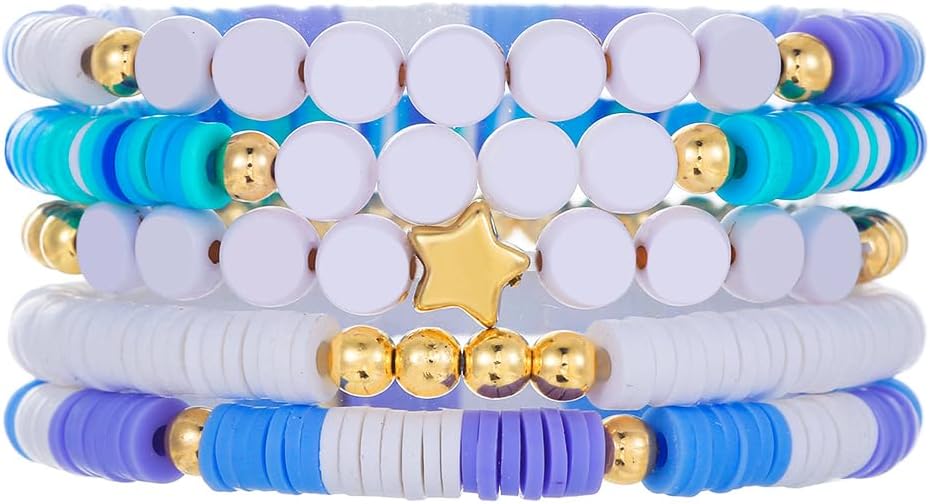 Friendship Bracelets for Women - Heishi Surfer Colorful Smile Evil Eye Clay Beaded Stretch Bracelets Elastic Layering - Stackable Boho Disc Y2K Aesthetic Summer Jewelry Set.