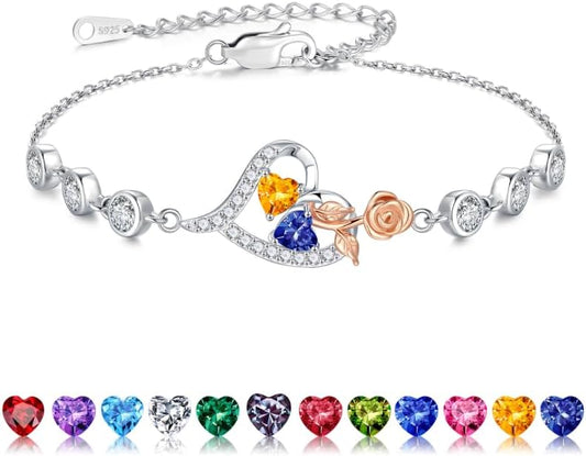 Iefil Christmas Gifts for Women - Birthstone Bracelet for Women, 925 Sterling Silver Rose Heart Charm Bracelets, Anniversary Birthday Gifts for Women Wife Mom Daughter, 6"+2"