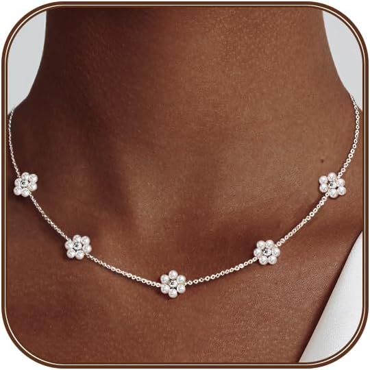 OGD Gold Pearl Necklaces Set for Women 14K Gold Plated Dainty Layered Pearl Cute Daisy Pearl Choker Gold Necklace Gifts for Women Gold Trendy Jewelry Gifts