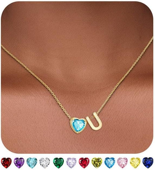 Heart Birthstone Initial Necklace for Women Girls,14K Gold Plated Heart Letter A-Z Necklace Dainty Birthday Trendy Jewelry Gifts for Women Girls Daughter