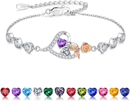 Iefil Christmas Gifts for Women - Birthstone Bracelet for Women, 925 Sterling Silver Rose Heart Charm Bracelets, Anniversary Birthday Gifts for Women Wife Mom Daughter, 6"+2"
