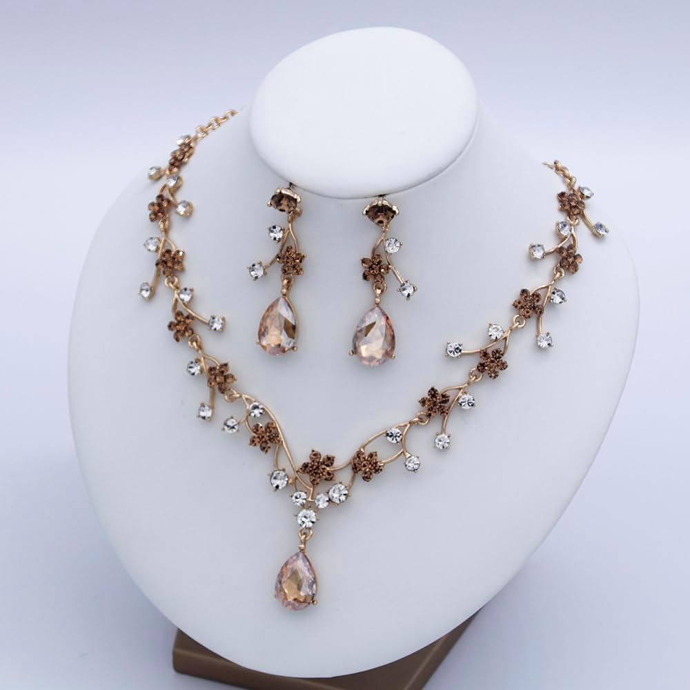 Jewelry Sets for Women Wedding Flower Necklace and Dangle Earrings Gold-Plated Rhinestones Teardrop Pendants Necklace Set for Bridal Party Accessories