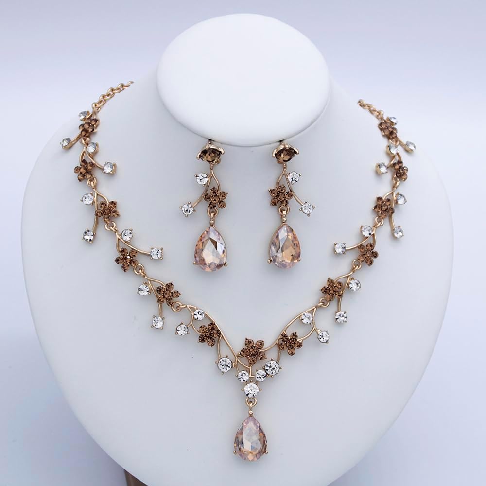 Jewelry Sets for Women Wedding Flower Necklace and Dangle Earrings Gold-Plated Rhinestones Teardrop Pendants Necklace Set for Bridal Party Accessories