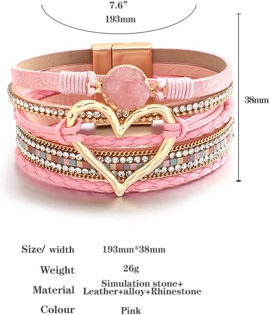 Leather Wrap Bracelet for Women Beaded Cuff Bracelet with Heart-shape Decor Bohemian Crystal Bracelet Jewelry with Clasp Bangle Bracelet for Women Girls Birthday Holiday Gift