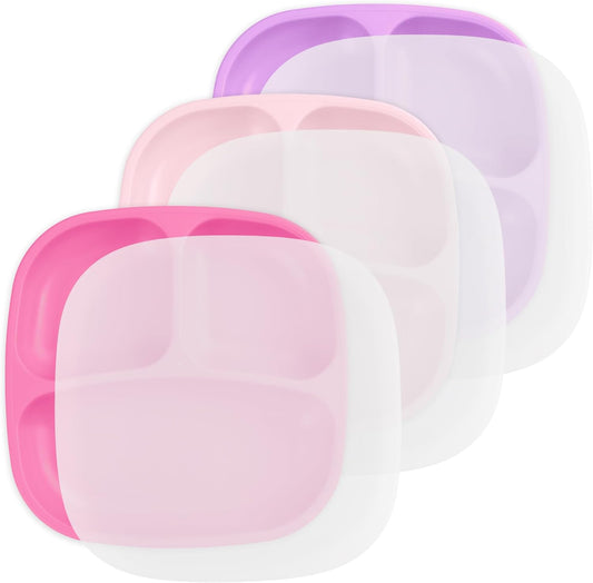 Re-Play Toddler Plates with Dividers - Deep-Walled 3 Compartments Divided Plates for Kids with 3 Lids - Dishwasher & Microwave Safe - Made in USA - Set of 3-7.37" x 7.37" x 1.25" - Princess