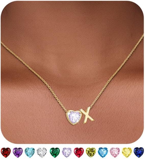 Heart Birthstone Initial Necklace for Women Girls,14K Gold Plated Heart Letter A-Z Necklace Dainty Birthday Trendy Jewelry Gifts for Women Girls Daughter