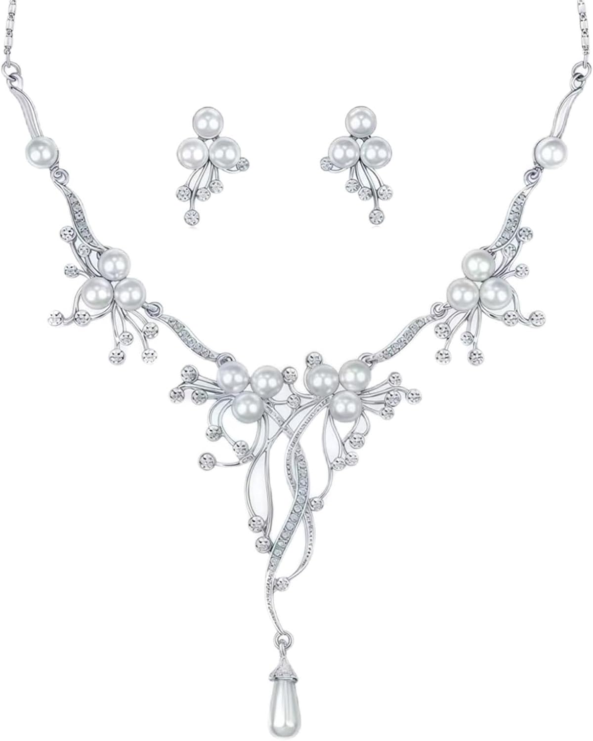 la luen Pearl Bride Wedding Jewelry Set Faux Pearls Crystal Rhinestone Necklace Earrings Bracelet Sets for Women Bridesmaid(3 PCS)