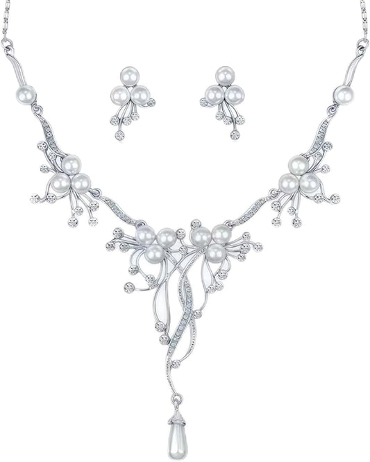 la luen Pearl Bride Wedding Jewelry Set Faux Pearls Crystal Rhinestone Necklace Earrings Bracelet Sets for Women Bridesmaid(3 PCS)