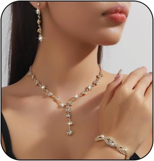 Prom Earrings Necklace Bracelet Set Elegant Crystal Rhinestone Necklace Earrings Bracelet Bridal Wedding Prom Dresses Costume Outfit Gold Jewelry Sets for Women