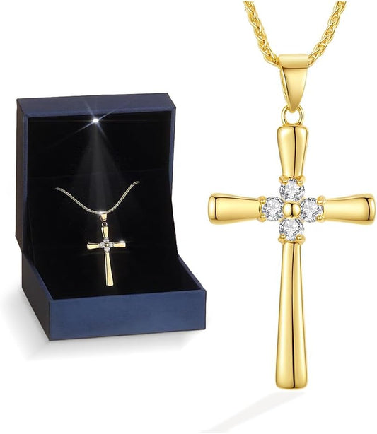 Gold Moissanite Cross Necklace for Women Wife in Light-Up Gift Box,Love Card - Women Anniversary Birthday Gifts Ideas for Wife Her Girlfriend, Christian Cross Chain Jewelry 1CT (18K Real Gold Filled)