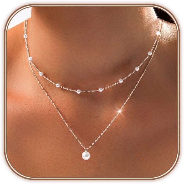 OGD Gold Pearl Necklaces Set for Women 14K Gold Plated Dainty Layered Pearl Cute Daisy Pearl Choker Gold Necklace Gifts for Women Gold Trendy Jewelry Gifts