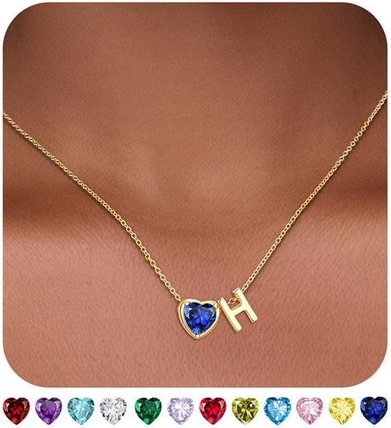 Heart Birthstone Initial Necklace for Women Girls,14K Gold Plated Heart Letter A-Z Necklace Dainty Birthday Trendy Jewelry Gifts for Women Girls Daughter