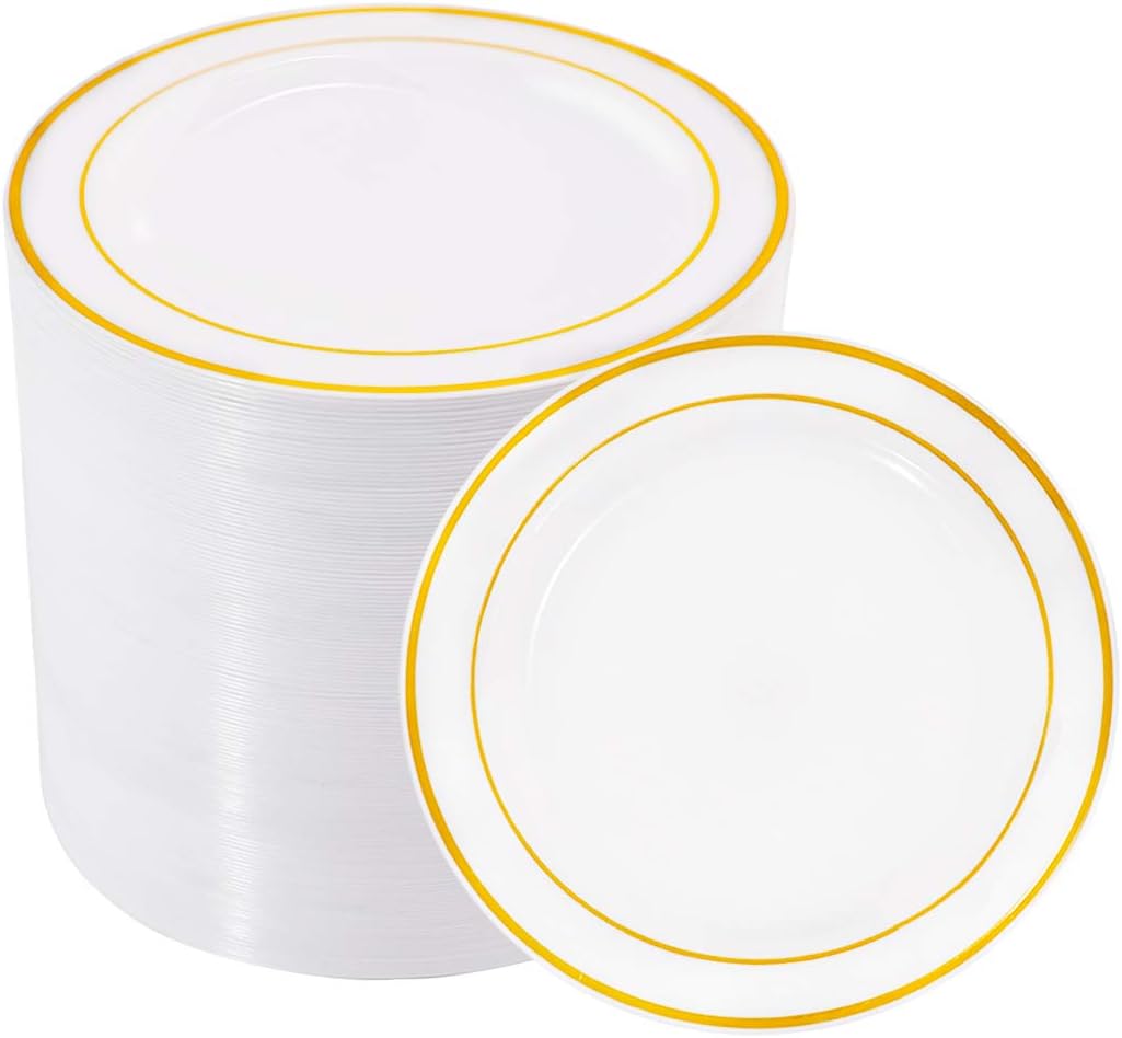 bUCLA 100Pieces Gold Plastic Plates - 6.25inch White with Gold Rim Disposable Salad/Dessert/Appetizer/Small Cake Plates Premium Hard - Ideal for Wedding, Party & Thanksgiving