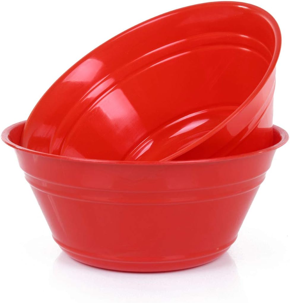 Mintra Home Snack Bowls (Large 2pk (4L), Red) - 10.75W x 4.5inH - large red plastic bowl for popcorn, snacks, drinks, candy, holiday party, Halloween, trick or treat bowls - 2 Pack