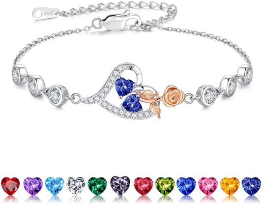 Iefil Christmas Gifts for Women - Birthstone Bracelet for Women, 925 Sterling Silver Rose Heart Charm Bracelets, Anniversary Birthday Gifts for Women Wife Mom Daughter, 6"+2"