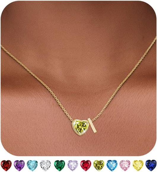 Heart Birthstone Initial Necklace for Women Girls,14K Gold Plated Heart Letter A-Z Necklace Dainty Birthday Trendy Jewelry Gifts for Women Girls Daughter