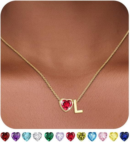 Heart Birthstone Initial Necklace for Women Girls,14K Gold Plated Heart Letter A-Z Necklace Dainty Birthday Trendy Jewelry Gifts for Women Girls Daughter