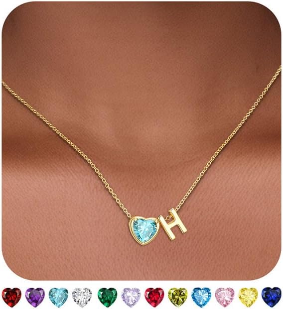 Heart Birthstone Initial Necklace for Women Girls,14K Gold Plated Heart Letter A-Z Necklace Dainty Birthday Trendy Jewelry Gifts for Women Girls Daughter