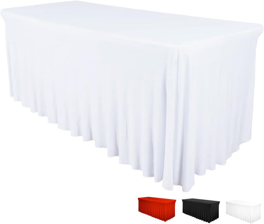 Table Skirt for Rectangular Tables 8ft - Wedding Spandex Covers for Standard 8 Foot Table - One Piece Fitted Stretchy Tablecloth - Wrinkle Resistant Ruffles Great for Party,Banquet (8 ft, White)