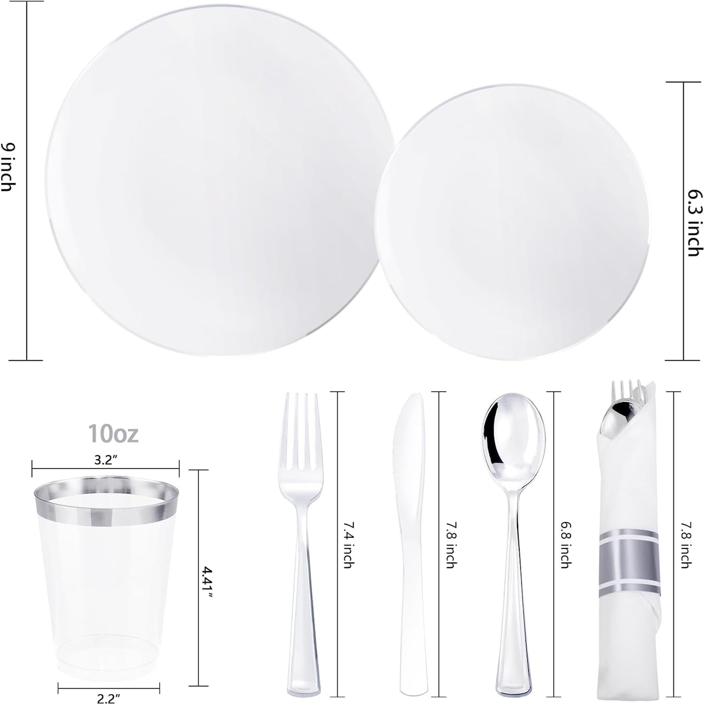 KIRE 350 PCS Plastic Dinnerware Set for 50 Guests, Silver Plastic Plates Include 50 Dinner, 50 Dessert Plates, 50 Pre Rolled Napkins with Silverware, 50 Cups for Wedding, Party, Banqet, Christmas