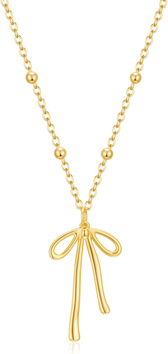 Stocking Stuffers for Women Dainty Bow Necklace 14K Gold Plated Cute Choker Small Pendant Charm Necklaces Teen Gift Trendy Stuff Personalized Jewelry Christmas Gifts