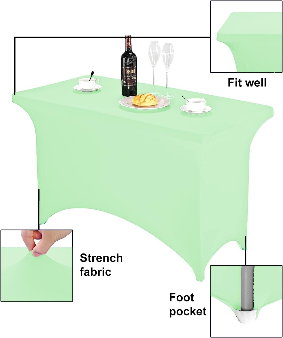 FORLIFE Spandex Table Cover - Fitted 4ft Rectangular Tablecloth, Stretch Patio Cover, Universal for Wedding, Banquet, Party (Mint)