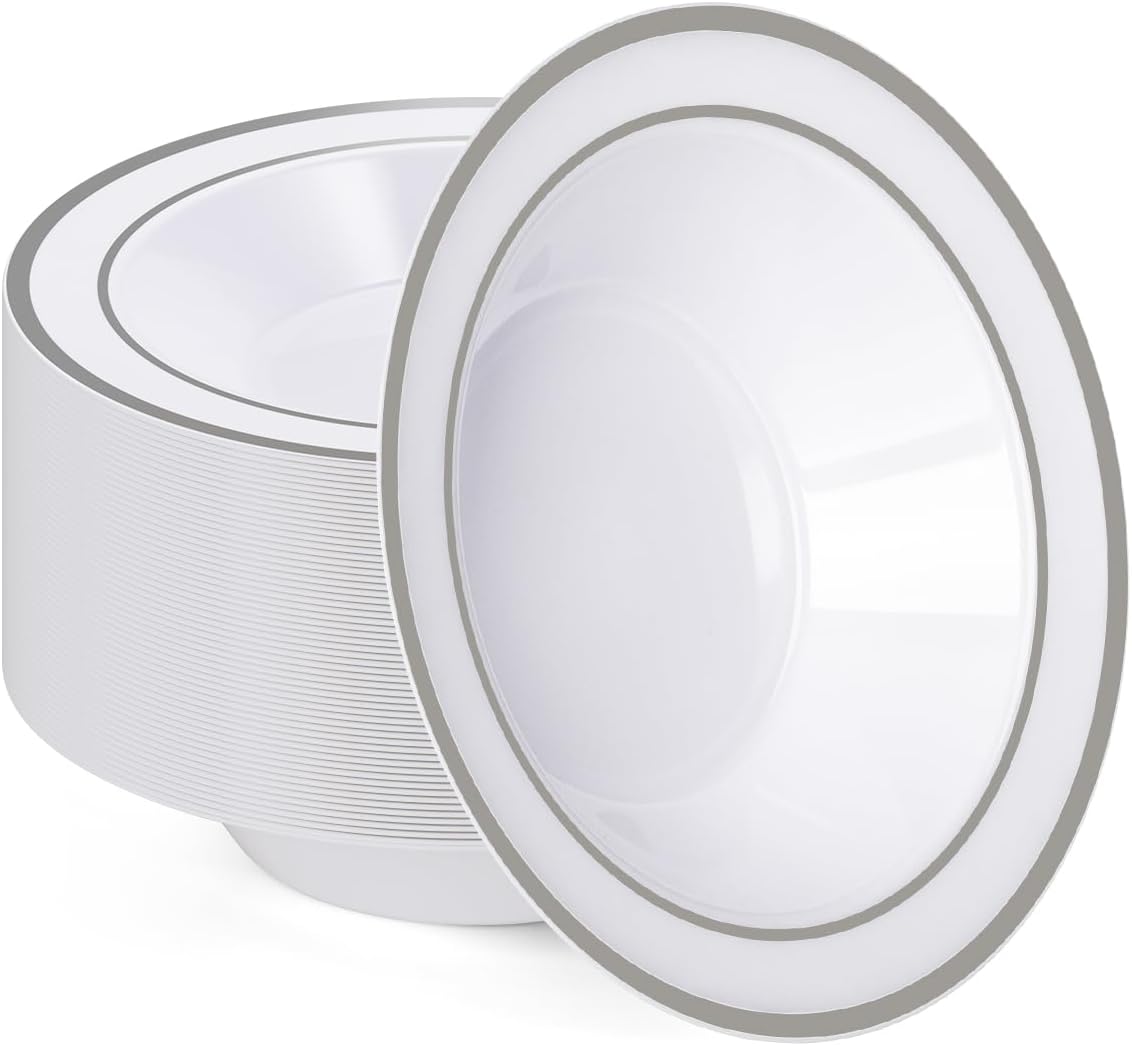 BESTVIP 50 Pack Plastic Bowls with Silver Rim, 12 oz Disposable Soup Bowls, Heavy-duty Dessert Salad Bowl for Party, Wedding, Christmas, Thanksgiving Catering and Dinner