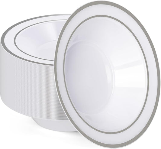 BESTVIP 50 Pack Plastic Bowls with Silver Rim, 12 oz Disposable Soup Bowls, Heavy-duty Dessert Salad Bowl for Party, Wedding, Christmas, Thanksgiving Catering and Dinner