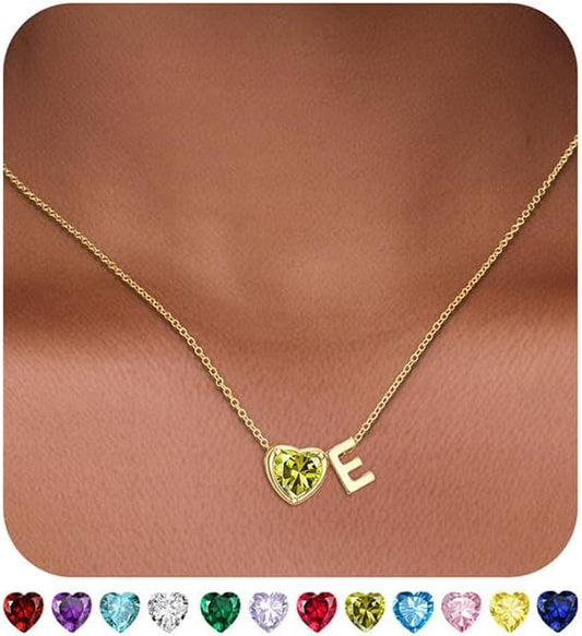 Heart Birthstone Initial Necklace for Women Girls,14K Gold Plated Heart Letter A-Z Necklace Dainty Birthday Trendy Jewelry Gifts for Women Girls Daughter