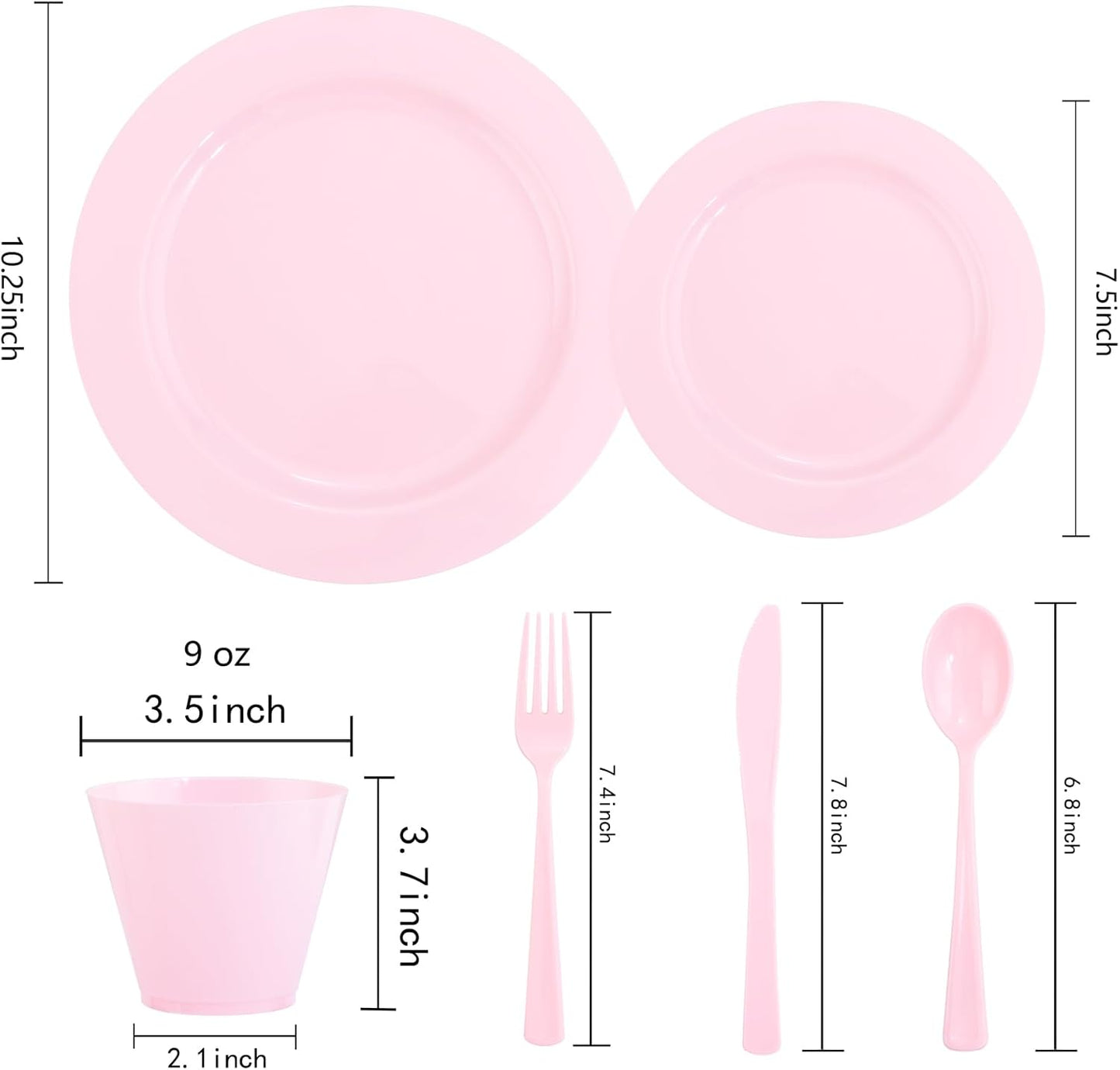 KIRE 150 Pieces Pink Plastic Plates Disposable - Pink Dinnerware Set Include 25 Dinner & 25 Salad Plates 25Forks 25Knives 25Spoons 25 Cups for Baby Shower/Bridal Shower