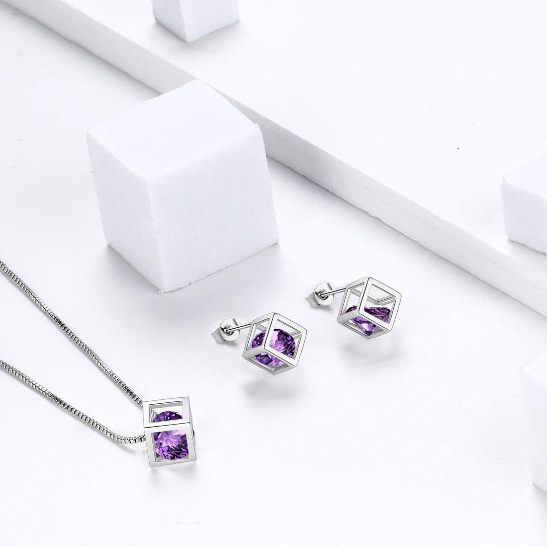 Aurora Tears Birthstone Necklace/Earring 925 Sterling Silver Women Cross/3D Cube/Cresent Moon Birth Stone Jewelry Mens Birthday Gift Anniversary Present