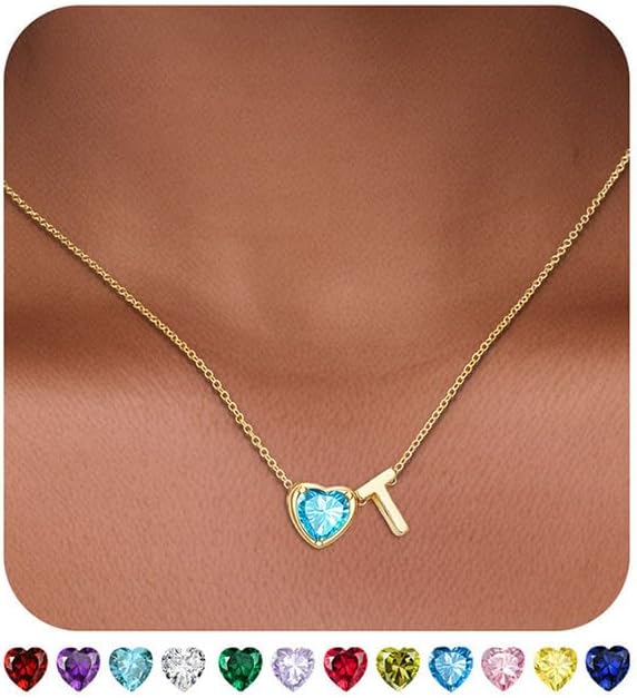 Heart Birthstone Initial Necklace for Women Girls,14K Gold Plated Heart Letter A-Z Necklace Dainty Birthday Trendy Jewelry Gifts for Women Girls Daughter