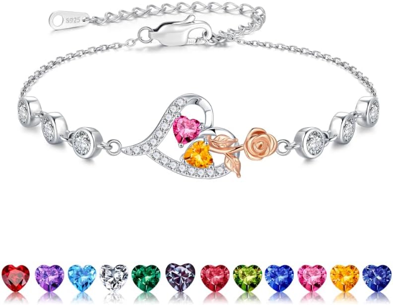 Iefil Christmas Gifts for Women - Birthstone Bracelet for Women, 925 Sterling Silver Rose Heart Charm Bracelets, Anniversary Birthday Gifts for Women Wife Mom Daughter, 6"+2"