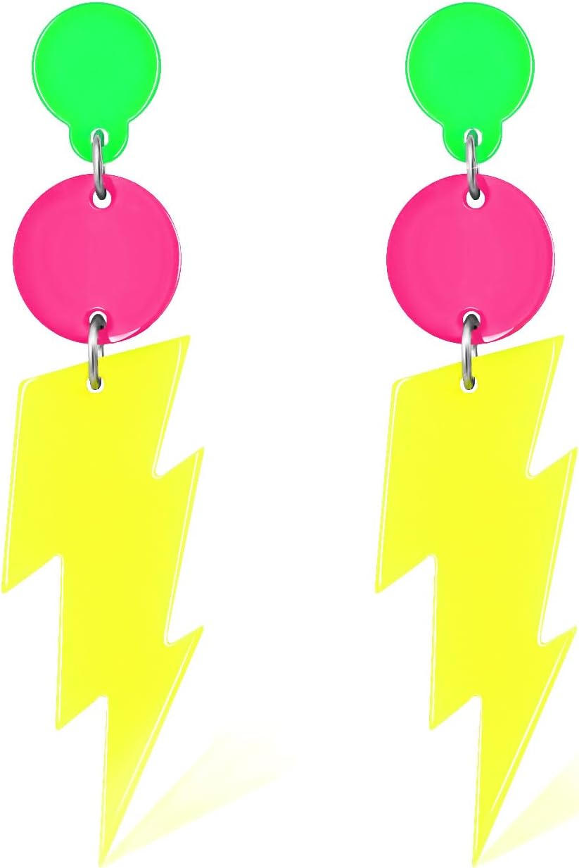 80s Neon Earrings for Women Acrylic Lightning Bolt Drop Earrings Retro 80s 90s Glow Party Accessories Neon Jewelry for Halloween Costume Outfit
