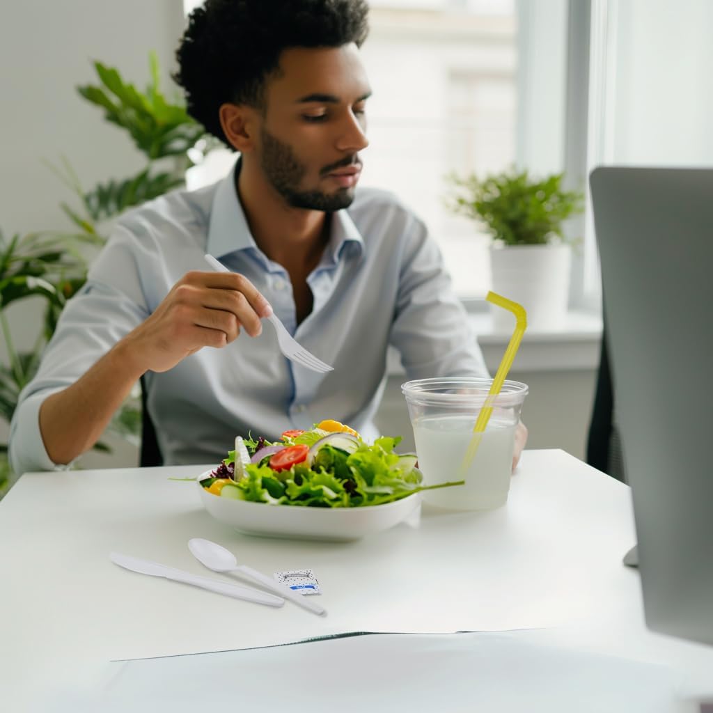 100 pack | Individually wrapped Cutlery set | White Heavy Duty Cutlery | Utensil set with Fork, spoon, knife, Napkin, Straw and Salt/Pepper packets (6 in 1) | Plastic Disposable Flatware Cutlery Kits