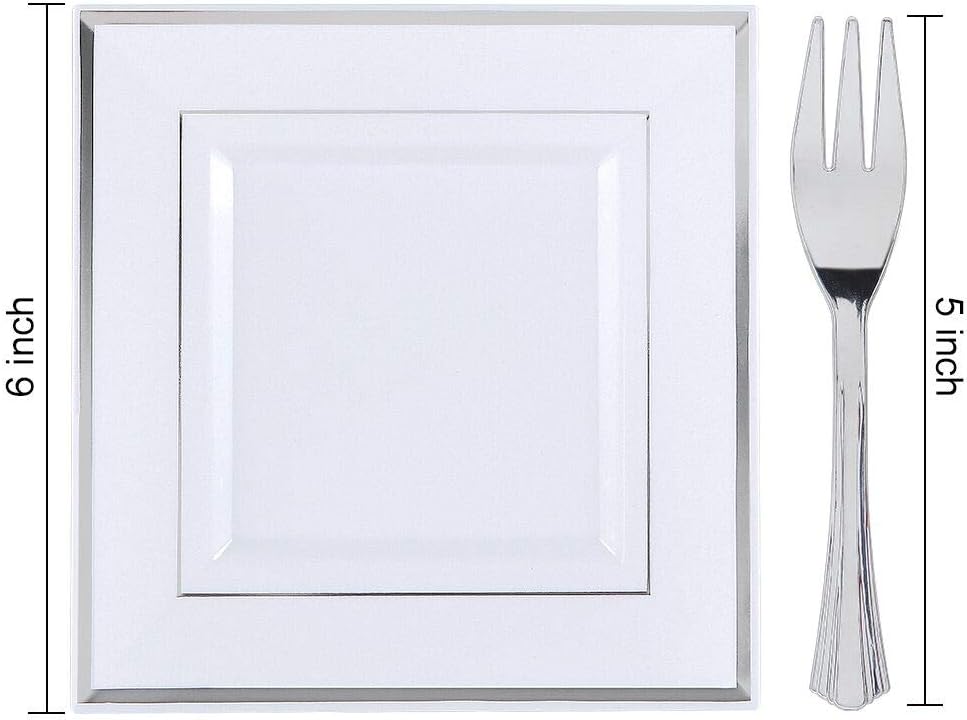 WDF Silver Plastic Dessert Plates with Plastic Forks - 6” 100 Square Disposable Appetizer Plates Small Plates Cake Plates with Silver Rim &100 Small Appetizer Forks for Christmas Party/Wedding