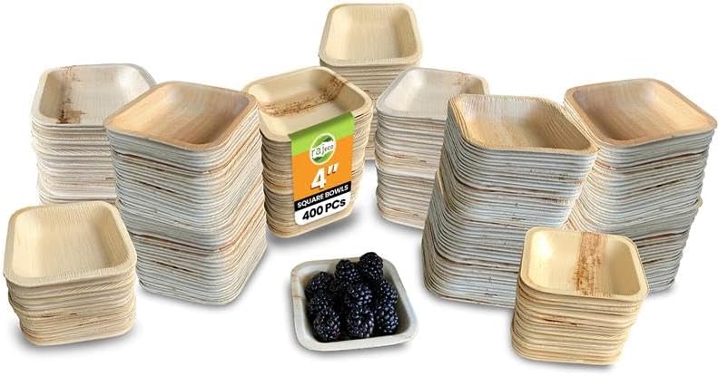 Raj Disposable Palm Leaf Bulk Bowls (400 Count, 4" Square Bowls) Strong Bowl Like Bamboo Party Bowl - Decorative Compostable Tableware for Lunch, Dinner, Birthday, Outdoor, BBQ, Picnic.