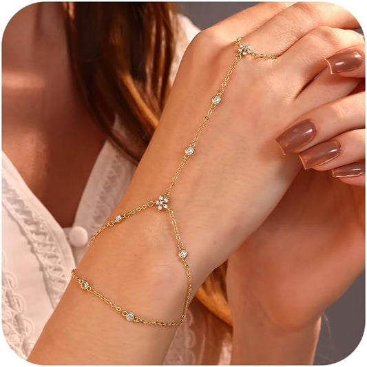 Listine Hand Chain Bracelet 14K Gold Plated Ring Bracelet Hand Chain Trendy Stuff for Women Dainty Hand Bracelets with Finger Ring Hand Jewelry for Women