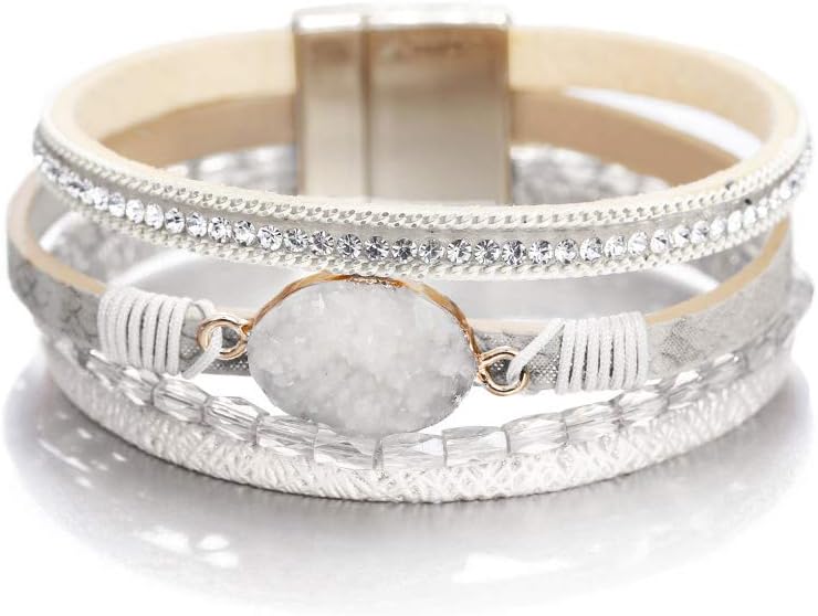 Fesciory Leopard Bracelet for Women, Boho Leather Wrap Multi-Layer Pearl Crystal Bracelet Bangle Jewelry