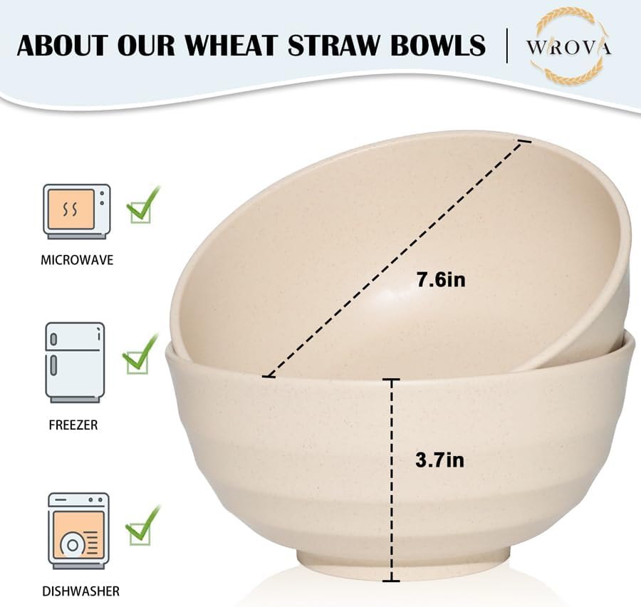 Wrova Wheat Straw Bowls Set 60 OZ, Unbreakable Large Beige Bowls Set of 6, Microwave & Dishwasher Safe Big Cereal Bowl for Picnic and Party BPA Free Salad Bowl for Serving Oatmeal and Popcorn (Beige)